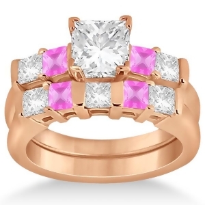 5 Stone Diamond and Pink Sapphire Bridal Set 14K Rose Gold 1.02ct - All