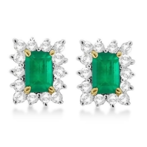 Emerald-cut Emerald and Diamond Stud Earrings 14k Yellow Gold 1.80ctw - All