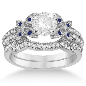 Butterfly Diamond and Blue Sapphire Bridal Set 14K White Gold 0.39ct - All