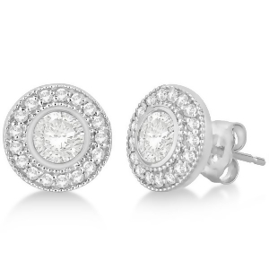 Vintage Style Diamond Halo Earrings Bezel Studs 14k White Gold 1.31ct - All
