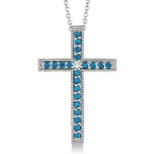 Blue and White Diamond Cross Pendant Necklace 14k White Gold 0.33ct - All