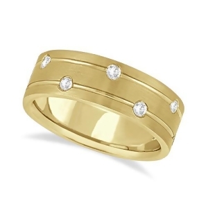 Mens Wide Band Diamond Wedding Ring w/ Grooves 18k Yellow Gold 0.40ct - All
