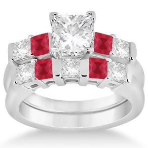 5 Stone Princess Diamond and Ruby Bridal Ring Set Palladium 1.02ct - All