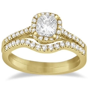 Square Halo Ring and Wedding Band Bridal Set 14K Yellow Gold 0.43ct - All