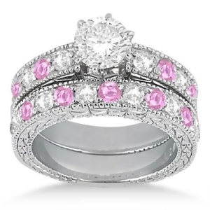 Antique Diamond and Pink Sapphire Bridal Set 14k White Gold 1.80ct - All