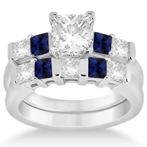 5 Stone Diamond and Blue Sapphire Bridal Set 18k White Gold 1.02ct - All
