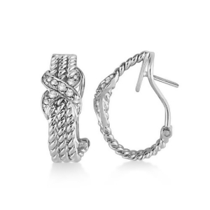Twisted Knot Omega Diamond Huggie Earrings 14k White Gold 0.20ct - All