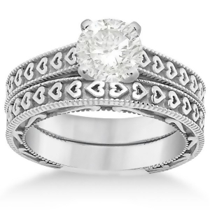 Carved Engagement Ring with Wedding Band Bridal Set in Palladium - All