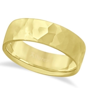 Men's Hammered Finished Carved Band Wedding Ring 18k Yellow Gold 7mm - All