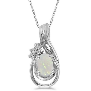 Oval Opal and Diamond Teardrop Pendant Necklace 14k White Gold - All