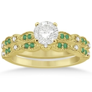 Petite Emerald and Diamond Marquise Bridal Set 14k Yellow Gold 0.41ct - All