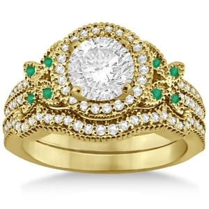 Butterfly Diamond and Emerald Engagement Ring and Band 18k Yellow Gold 0.50ct - All