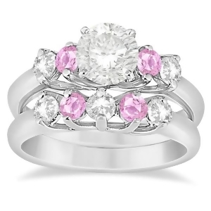 Five Stone Diamond and Pink Sapphire Bridal Ring Set 14k Wht Gold 1.10ct - All