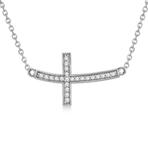 Curved Diamond Sideways Cross Pendant Necklace 14k White Gold 0.25ct - All