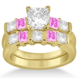 5 Stone Diamond and Pink Sapphire Bridal Set 14K Yellow Gold 1.02ct - All