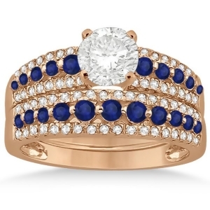 Three-row Blue Sapphire and Diamond Bridal Set 14k Rose Gold 1.18ct - All