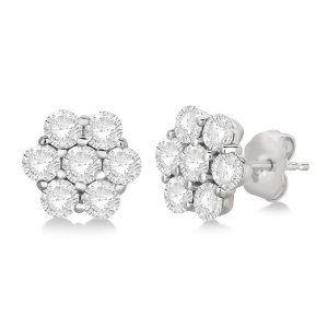 Flower Shaped Diamond Cluster Stud Earrings 14K White Gold 2.00ct - All