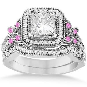 Pink Sapphire Accent Butterfly Halo Bridal Set 14k White Gold 0.51ct - All