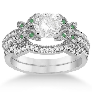 Butterfly Diamond and Emerald Bridal Set 14K White Gold 0.39ct - All