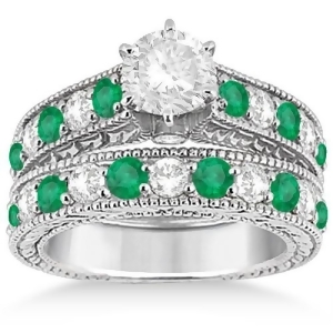 Antique Diamond and Emerald Bridal Ring Set 18k White Gold 2.51ct - All