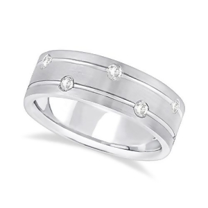 Mens Wide Band Diamond Wedding Ring w/ Grooves 18k White Gold 0.40ct - All