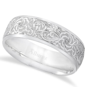 Hand-engraved Flower Wedding Ring Wide Band Platinum 7mm - All