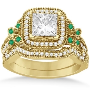 Emerald Square-Halo Milgrain Bridal Set 14k Yellow Gold 0.51ct - All