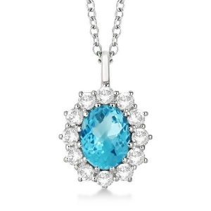 Oval Blue Topaz and Diamond Pendant Necklace 14k White Gold 3.60ctw - All