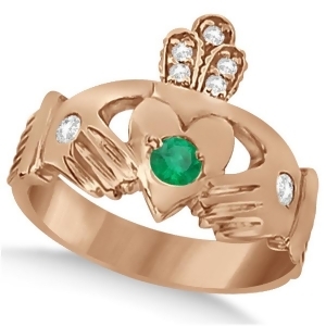 Diamond and Green Emerald Ring Claddagh Irish 14k Rose Gold 0.35ct - All