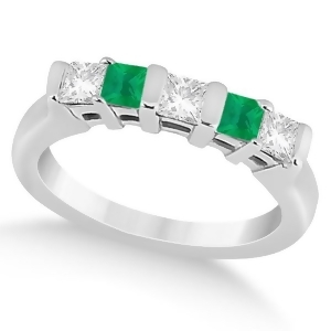 5 Stone Diamond and Green Emerald Princess Ring 14K White Gold 0.56ct - All