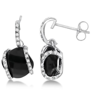 Cushion Cut Black Onyx Earrings with Diamonds 14K White Gold 3.25ct - All