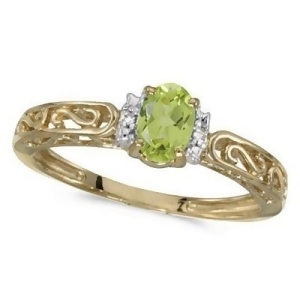 Oval Peridot and Diamond Filigree Antique Style Ring 14k Yellow Gold - All