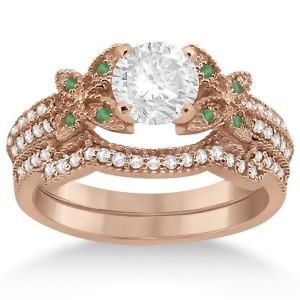 Butterfly Diamond and Emerald Bridal Set 14K Rose Gold 0.39ct - All
