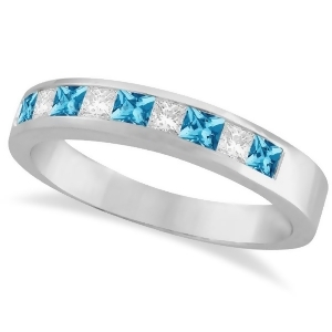 Princess Channel-Set Diamond and Blue Topaz Ring Band 14K White Gold - All