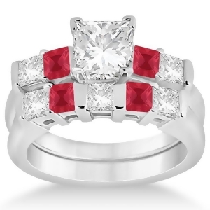 5 Stone Princess Diamond and Ruby Bridal Ring Set 14K White Gold 1.02ct - All