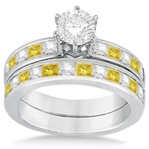 Princess Cut White and Yellow Diamond Bridal Set 14K White Gold 1.10ct - All