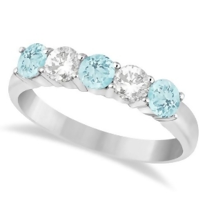 Five Stone Diamond and Aquamarine Ring 14k White Gold 1.36ctw - All
