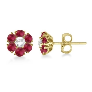 Diamond and Ruby Flower Cluster Earrings in 14K Yellow Gold 1.67ctw - All