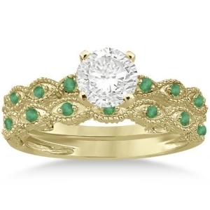 Antique Emerald Engagement Ring and Wedding Band 18k Yellow Gold 0.36ct - All