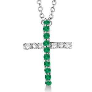 Emerald and Diamond Cross Pendant Necklace 14k White Gold 0.25ct - All