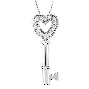 Diamond Open Heart Pendant Necklace Key 14k White Gold 0.15ct - All