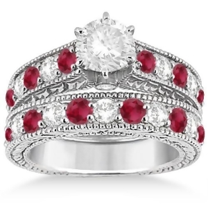 Antique Diamond and Ruby Bridal Wedding Ring Set 18k White Gold 2.75ct - All