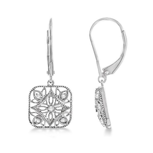 Antique Square Diamond Drop Earrings in 14k White Gold 0.10ct - All