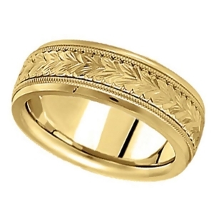 Hand Engraved Wedding Band Carved Ring in 14k Yellow Gold 6.5mm - All