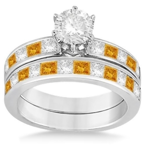 Channel Citrine and Diamond Bridal Set 14k White Gold 1.30ct - All