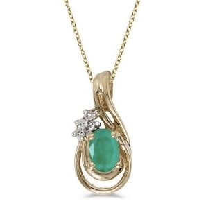 Oval Emerald and Diamond Teardrop Pendant Necklace 14k Yellow Gold - All