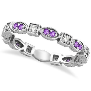 Amethyst and Diamond Eternity Anniversary Ring Band 14k White Gold - All