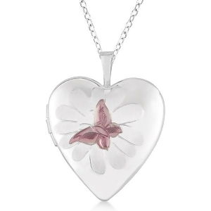 Heart Shaped Butterfly Design Pendant Locket w/ Flower Sterling Silver - All