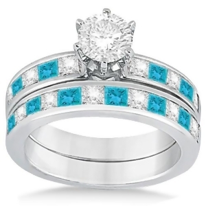 Princess Cut White and Blue Diamond Bridal Set 14K White Gold 1.10ct - All