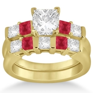 5 Stone Princess Diamond and Ruby Bridal Ring Set 18k Yellow Gold 1.02ct - All
